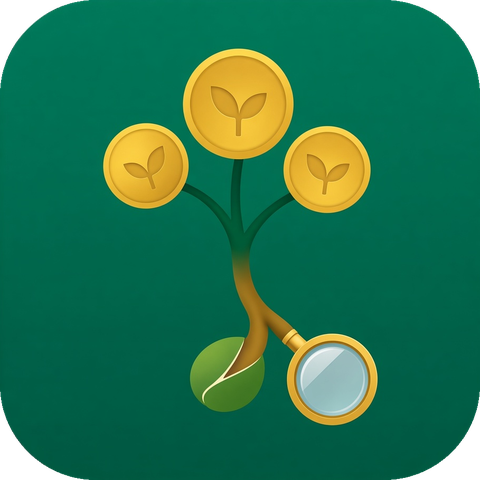 DallantSI logo: a gold coin tree growing from a glass magnifier on green